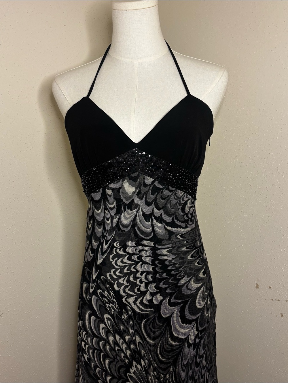 Laundry By Shelli Segal Black Gray Halter Beaded Empire Silk Dress Y2K 90s